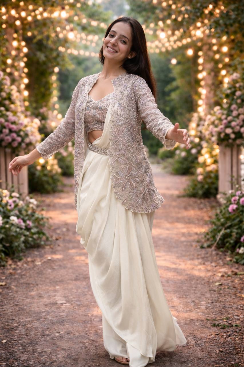 Cream Crepe Saree with Jacket and Belt, view 2