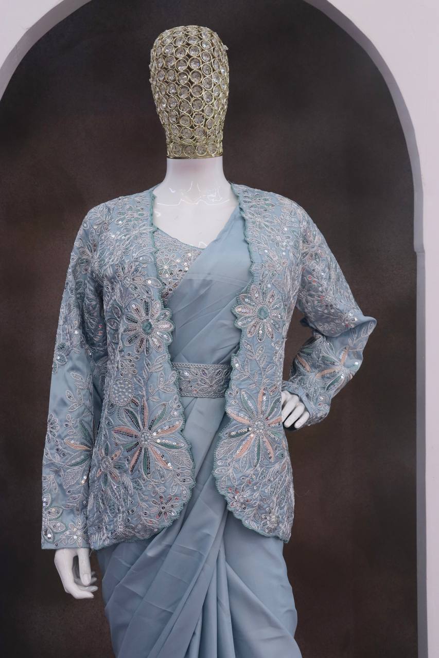 Powder Blue Crepe Saree with Jacket and Belt, view 5