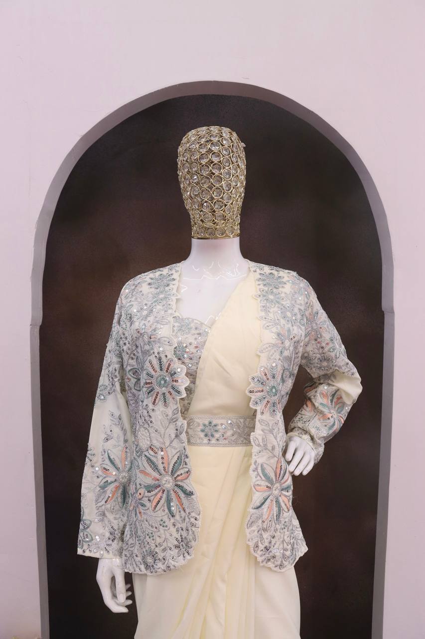 Cream Crepe Saree with Jacket and Belt, view 5