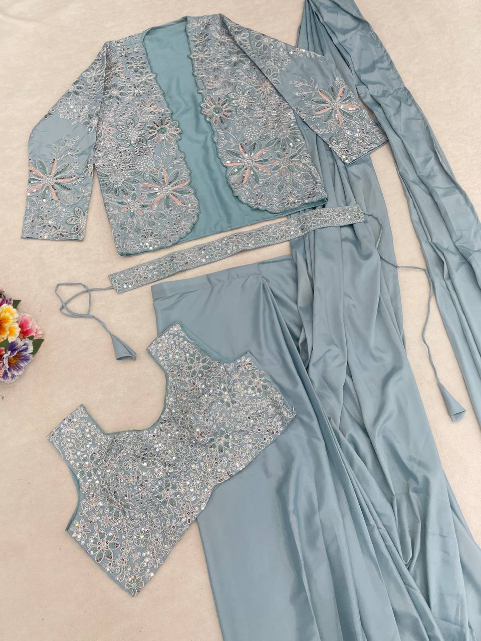 Powder Blue Crepe Saree with Jacket and Belt, view 7