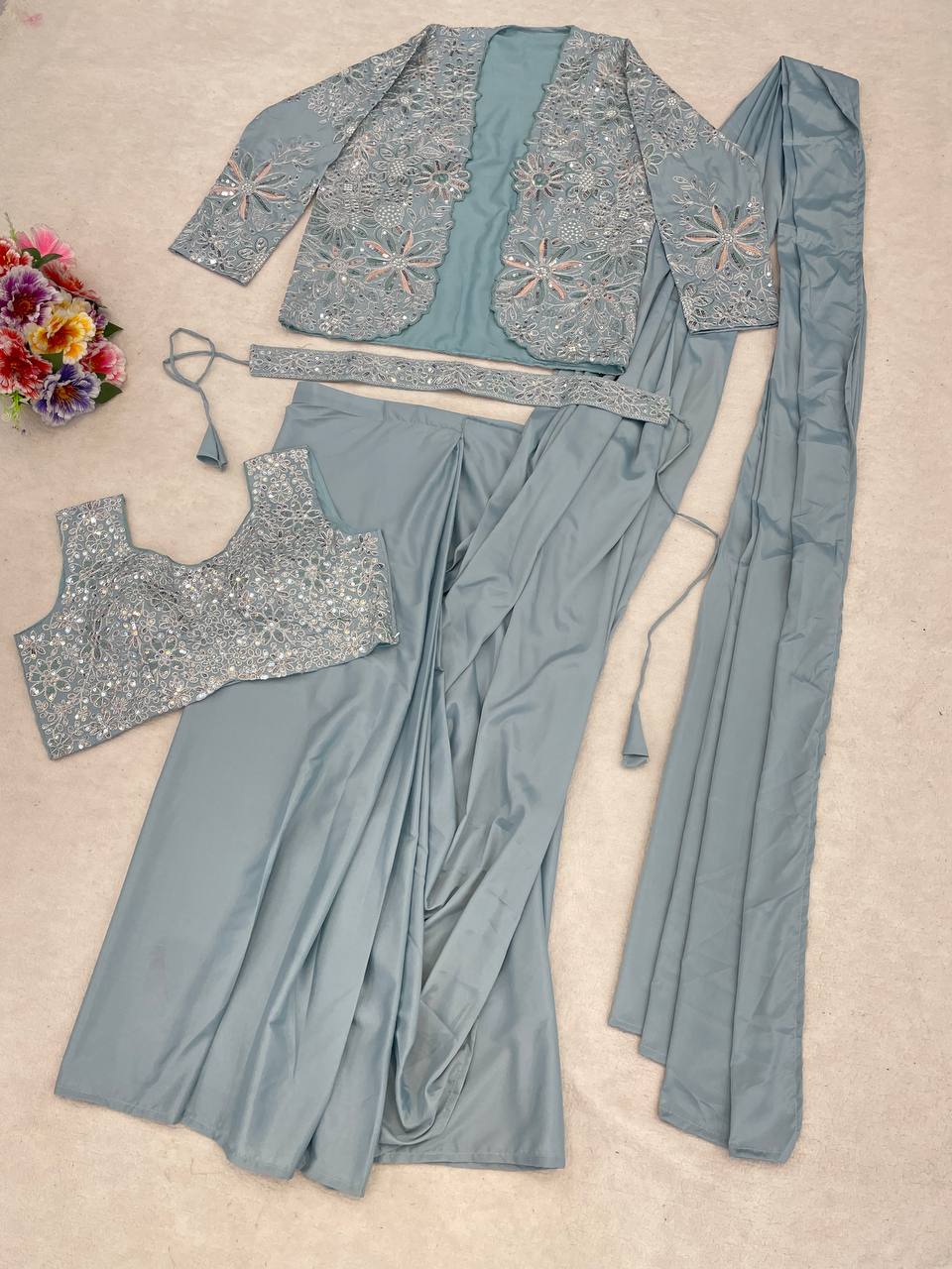 Powder Blue Crepe Saree with Jacket and Belt, view 8
