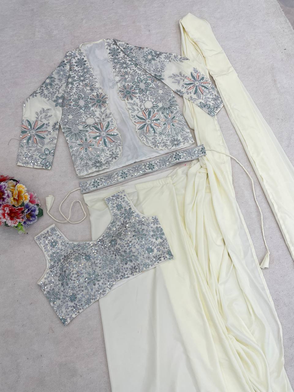Cream Crepe Saree with Jacket and Belt, view 7