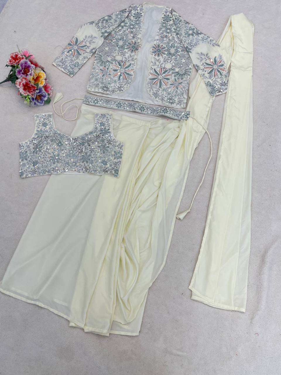 Cream Crepe Saree with Jacket and Belt, view 8