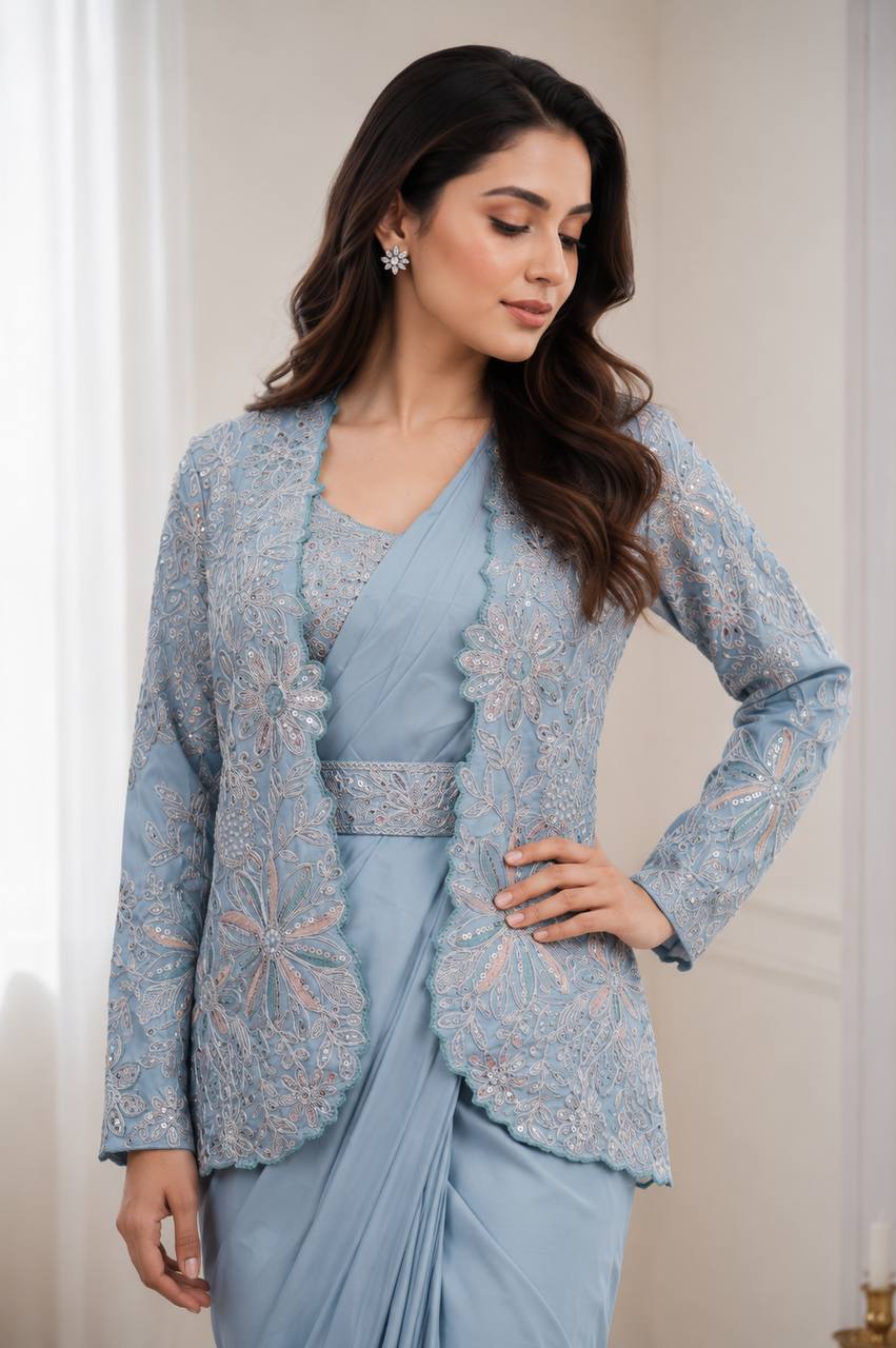 Powder Blue Crepe Saree with Jacket and Belt, view 4