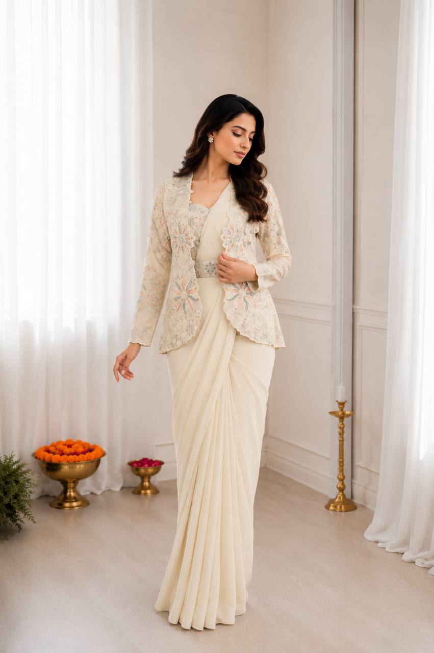 Cream Crepe Saree with Jacket and Belt, view 3