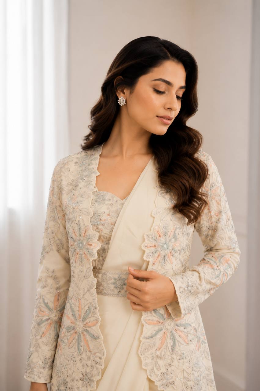 Cream Crepe Saree with Jacket and Belt, view 4