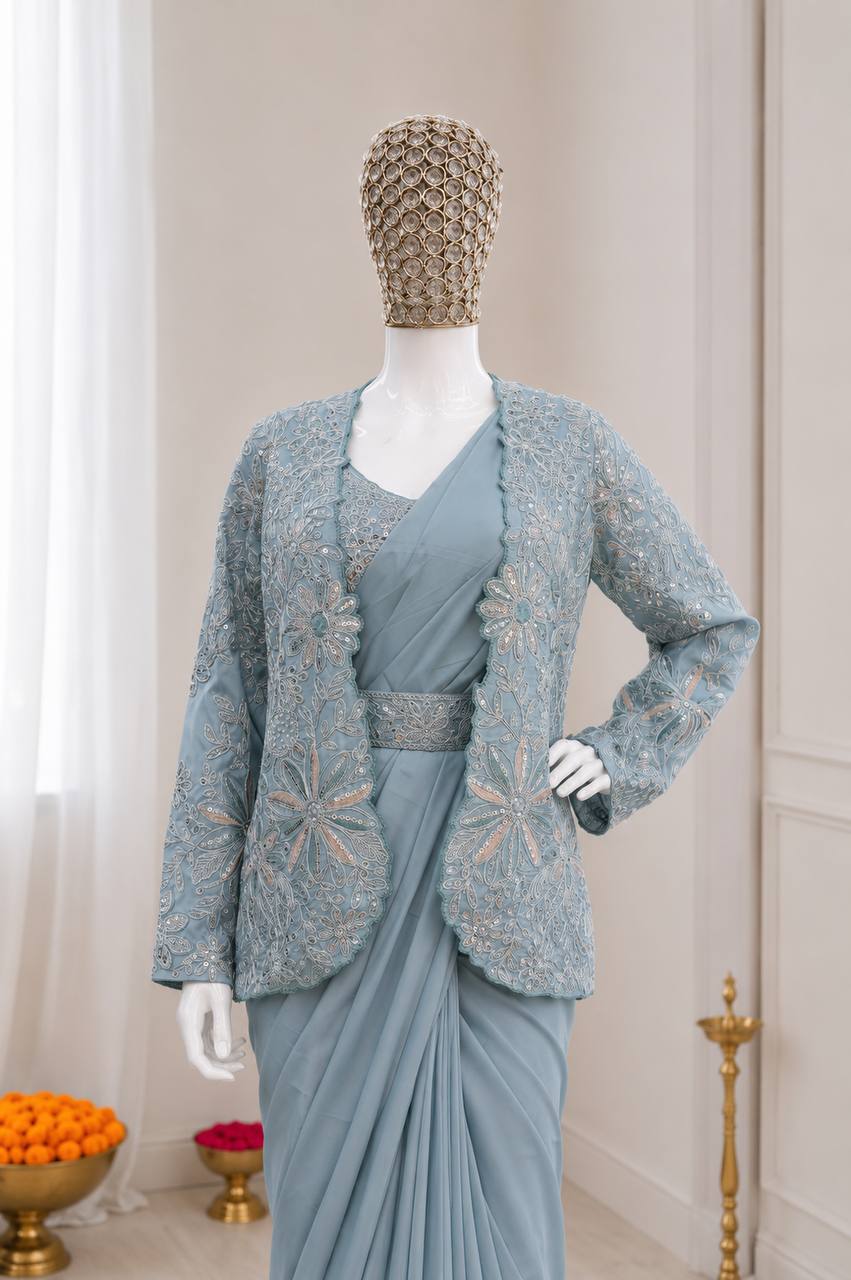 Powder Blue Crepe Saree with Jacket and Belt, view 6