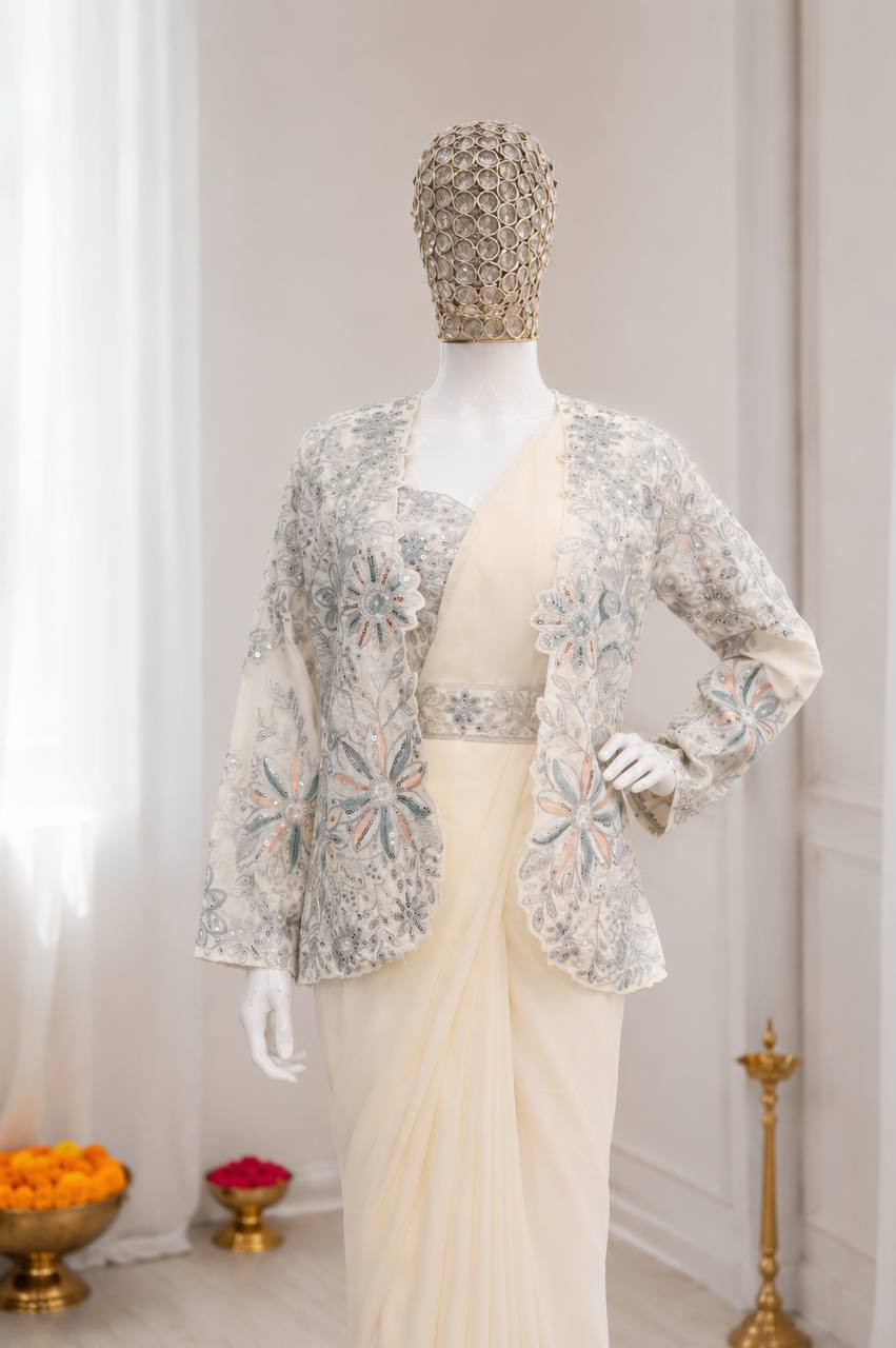Cream Crepe Saree with Jacket and Belt, view 6