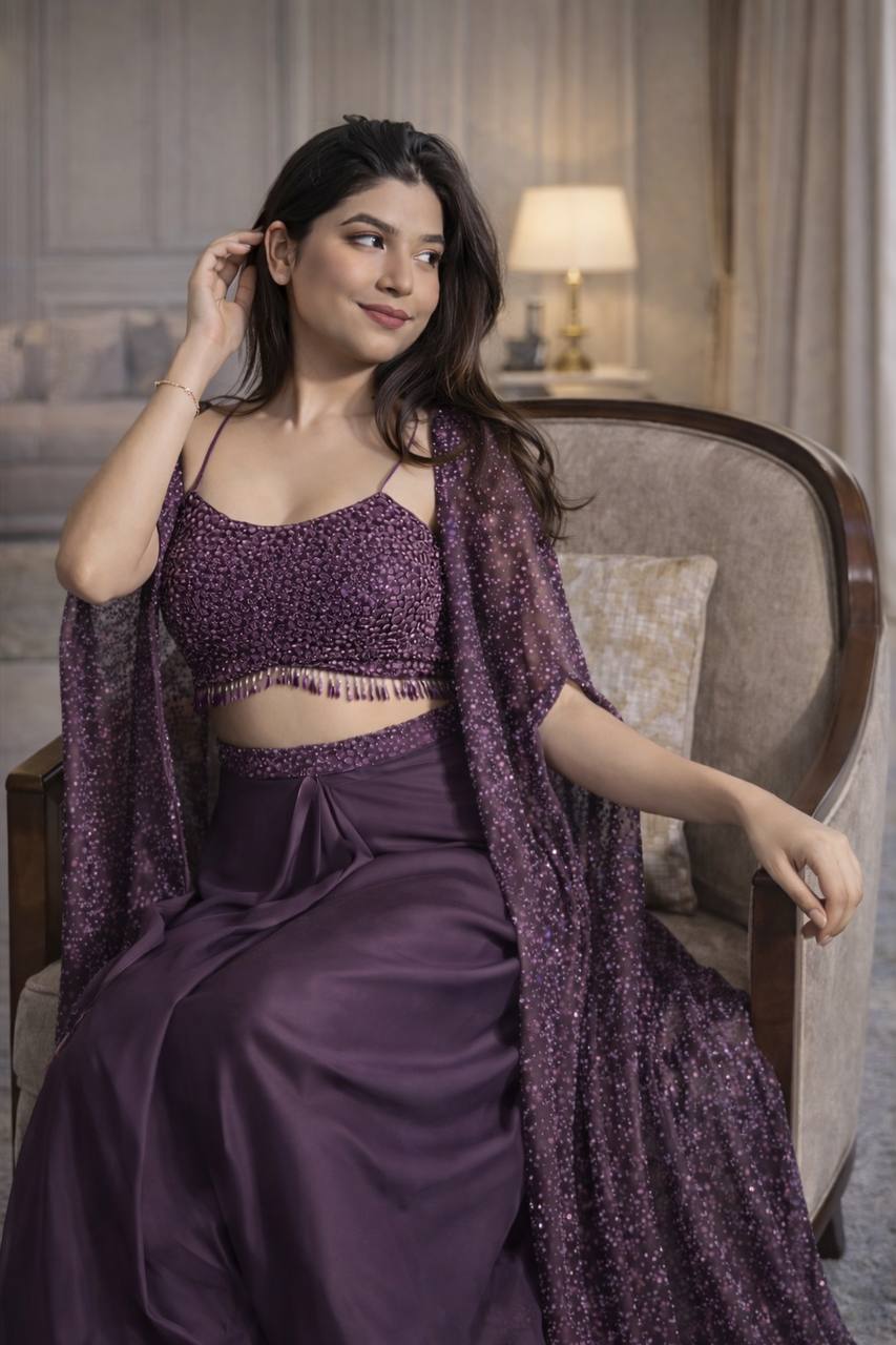 Plum Crepe Draped Skirt Set with Shrug