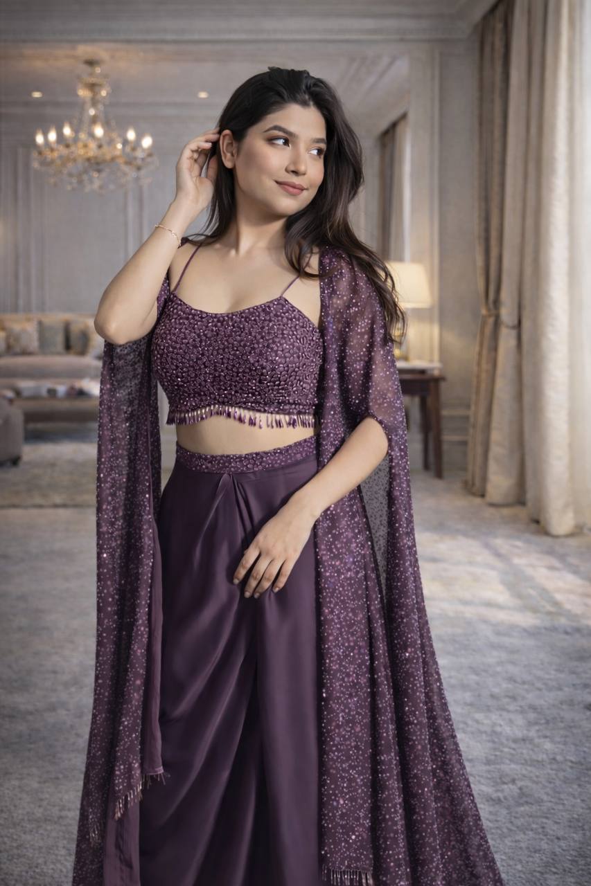 Plum Crepe Draped Skirt Set with Shrug