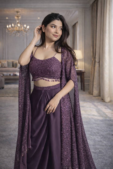 Plum Crepe Draped Skirt Set with Shrug