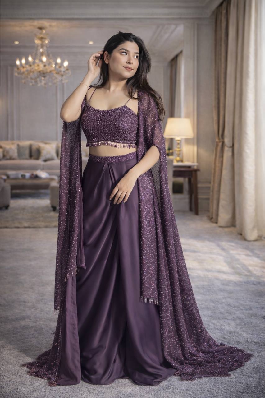 Plum Crepe Draped Skirt Set with Shrug, view 3
