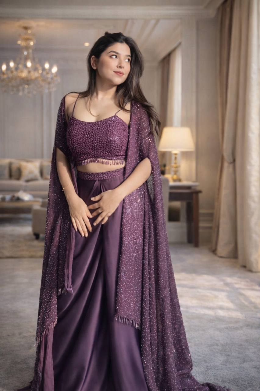 Plum Crepe Draped Skirt Set with Shrug, view 4