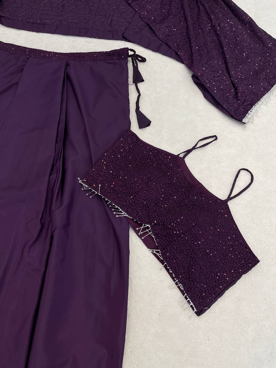 Plum Crepe Draped Skirt Set with Shrug, view 8