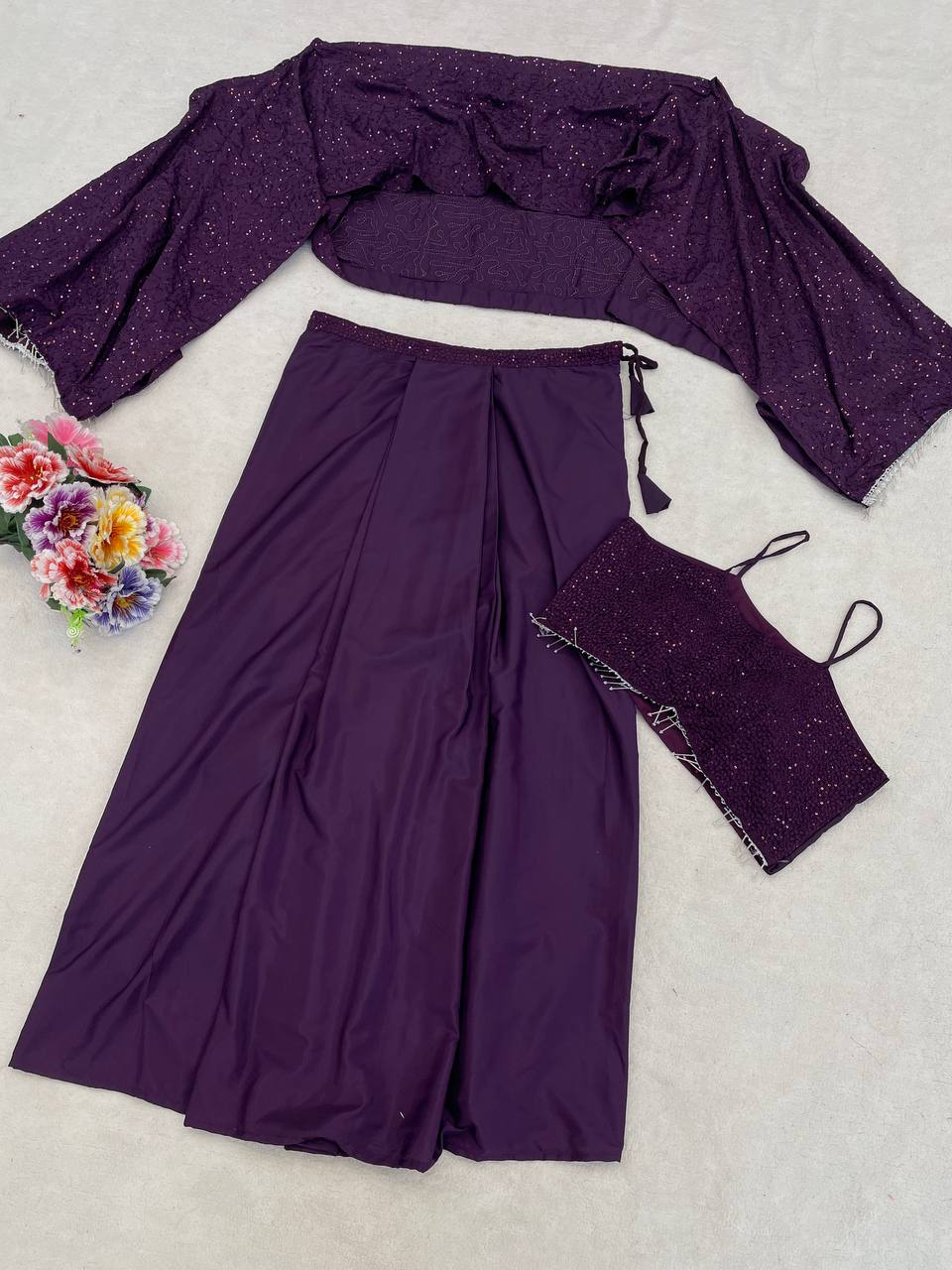 Plum Crepe Draped Skirt Set with Shrug, view 7