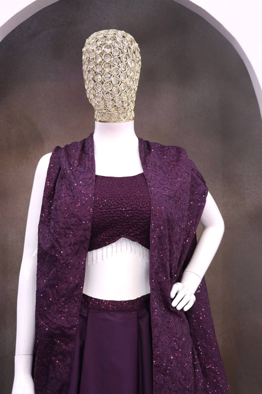 Plum Crepe Draped Skirt Set with Shrug, view 5