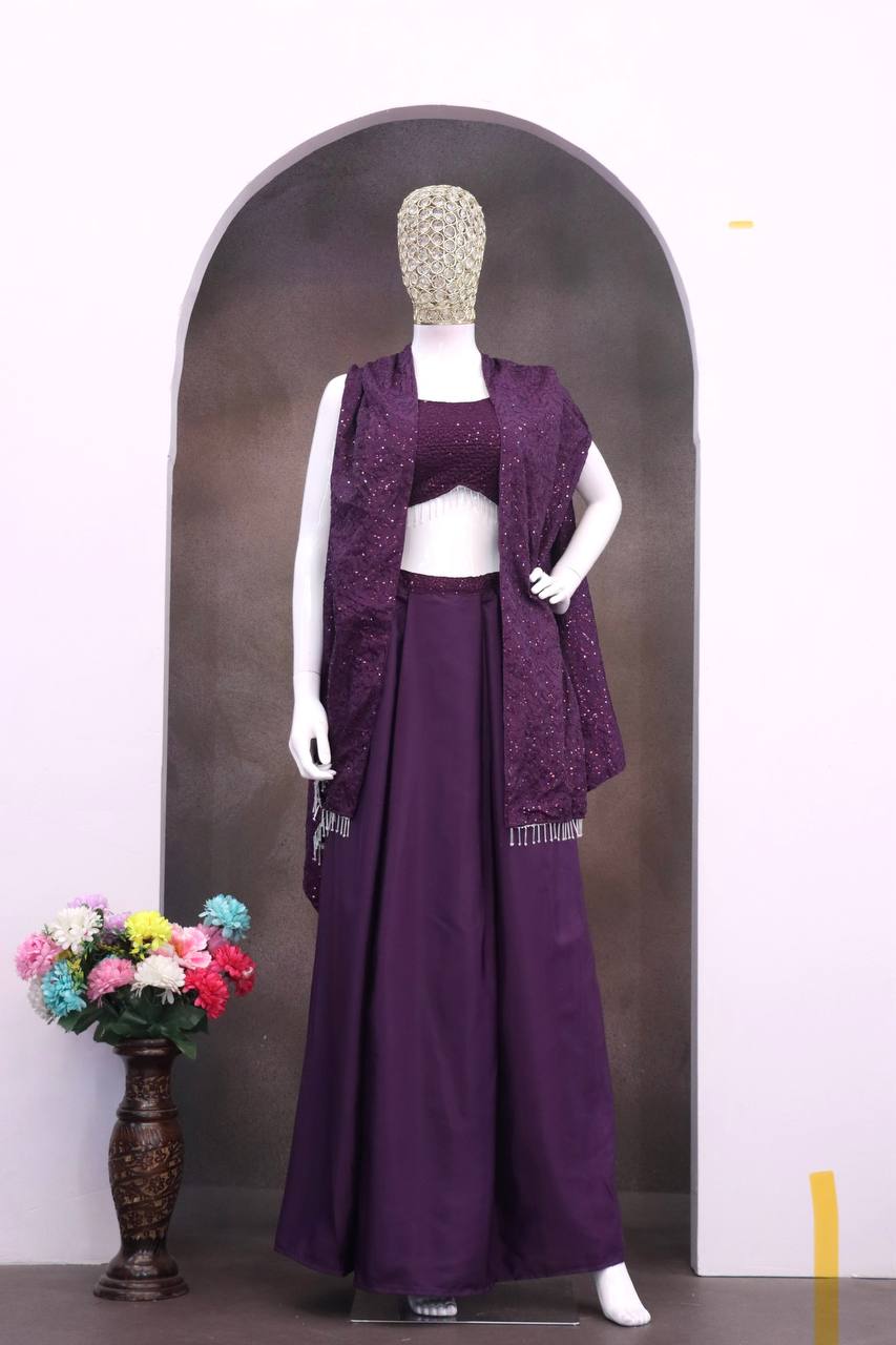 Plum Crepe Draped Skirt Set with Shrug, view 6