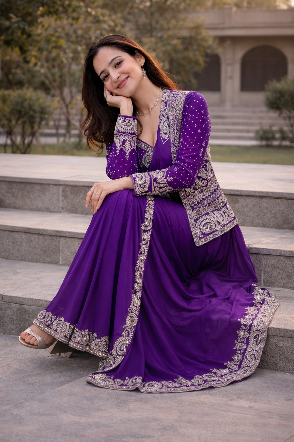 Purple Crepe Saree with Embroidered Koti and Belt