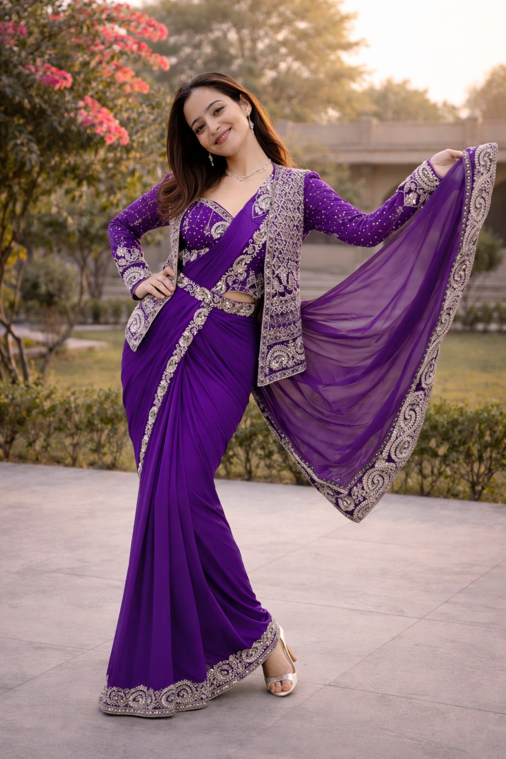 Purple Crepe Saree with Embroidered Koti and Belt