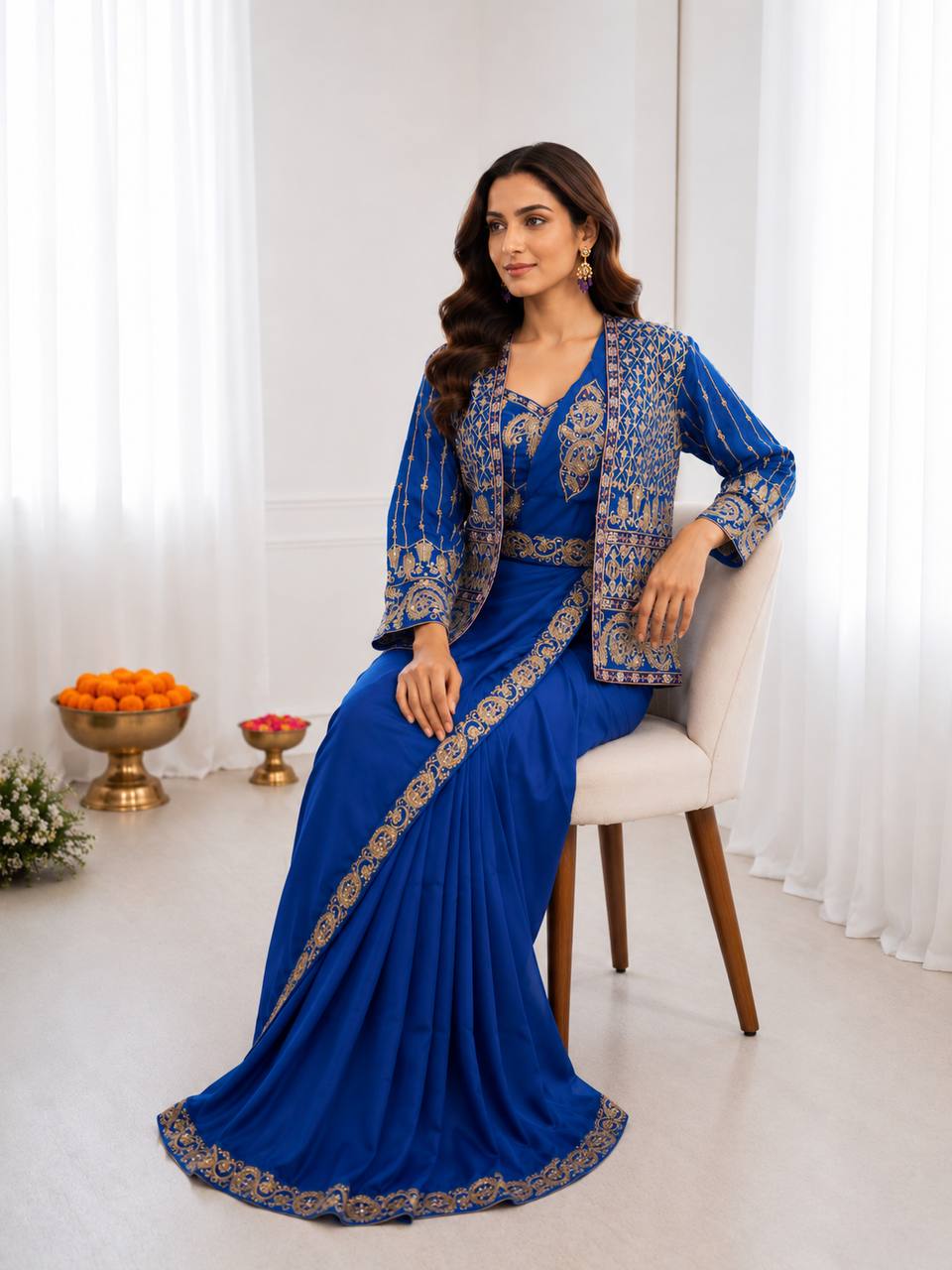Royal Blue Crepe Saree with Embroidered Koti and Belt