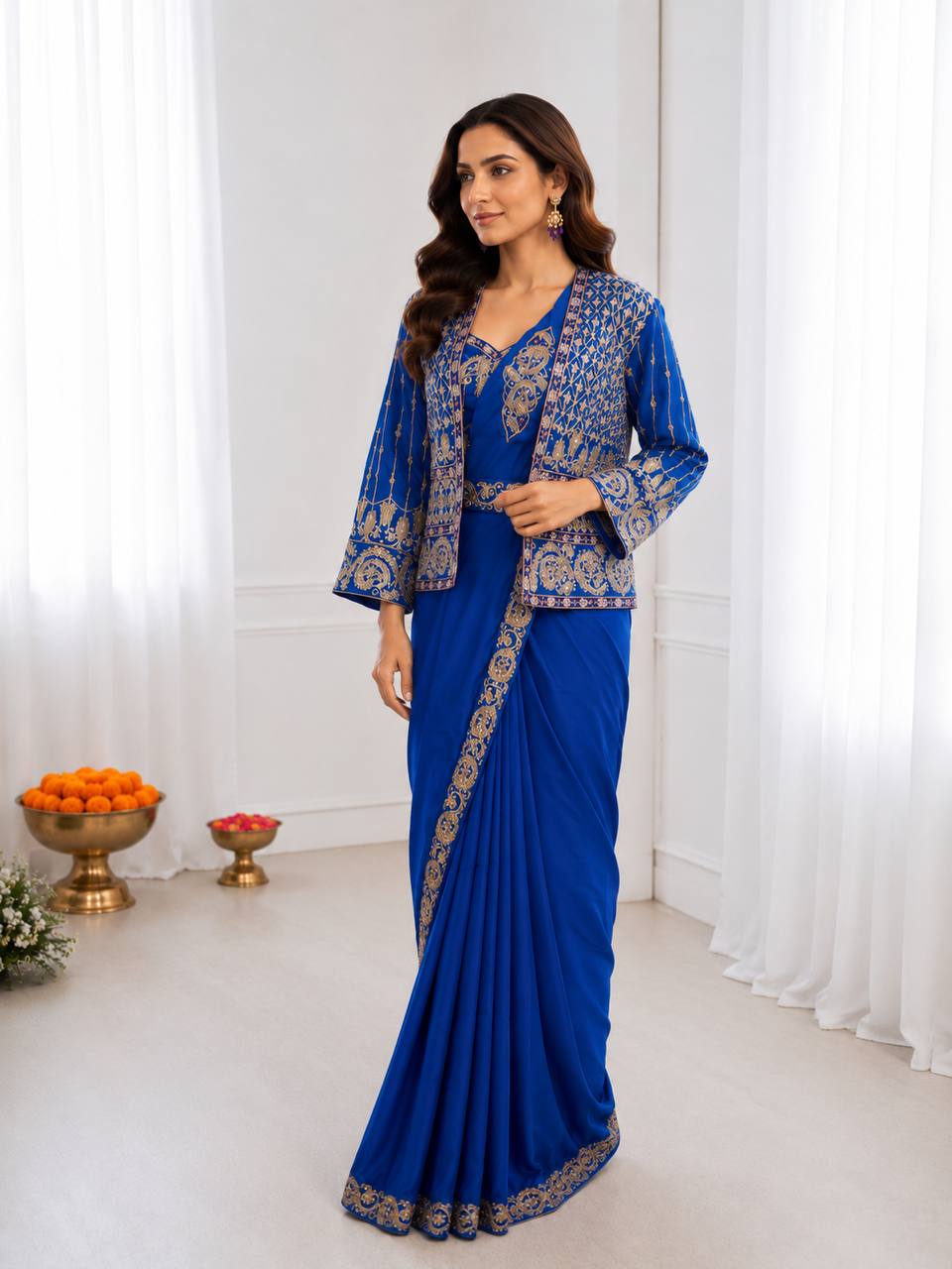 Royal Blue Crepe Saree with Embroidered Koti and Belt