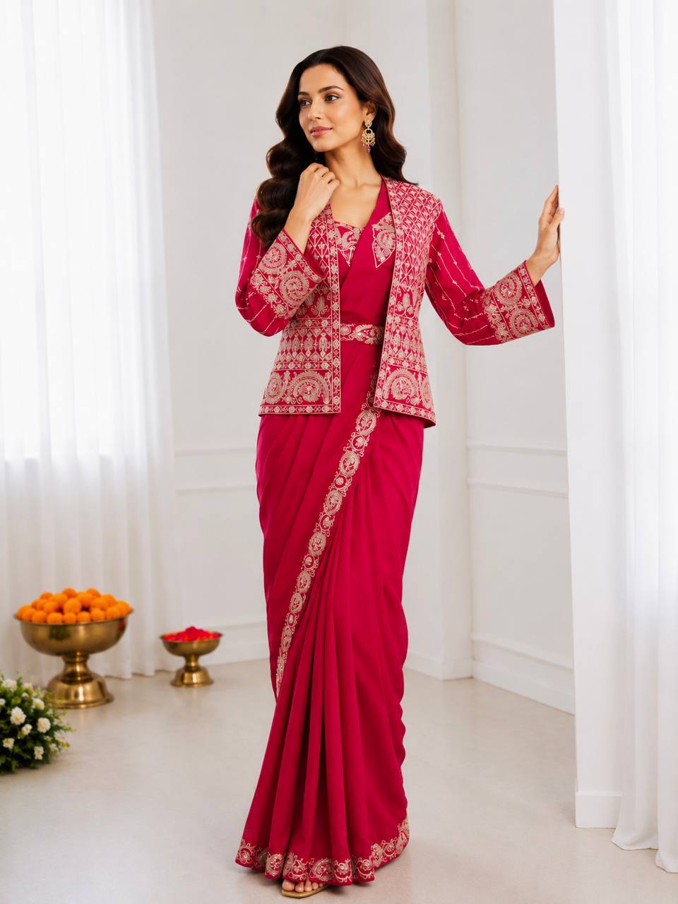 Red Crepe Saree with Embroidered Koti and Belt