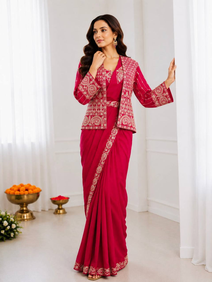 Red Crepe Saree with Embroidered Koti and Belt