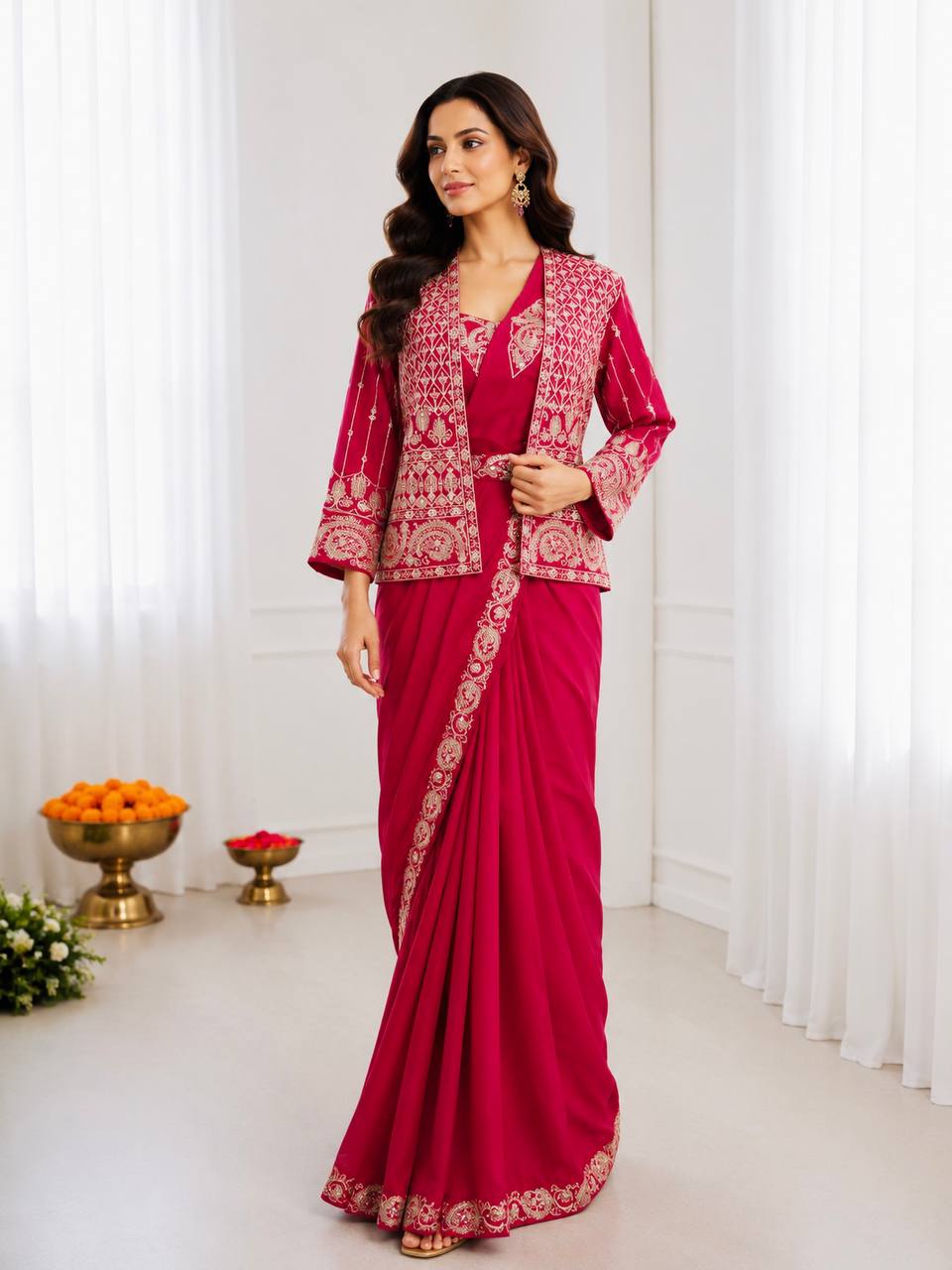 Red Crepe Saree with Embroidered Koti and Belt