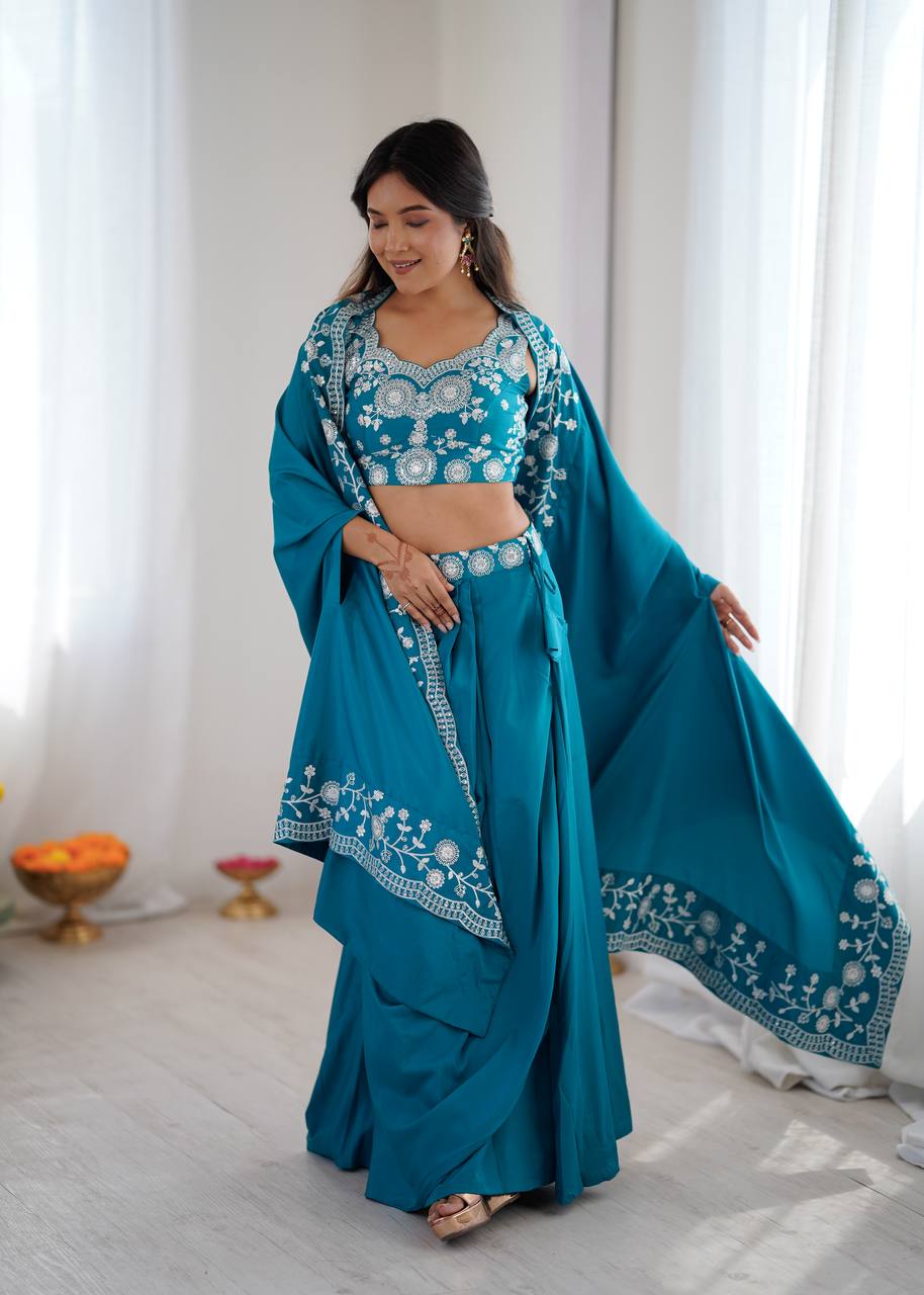 Teal Blue Crepe Dhoti Set with Shrug