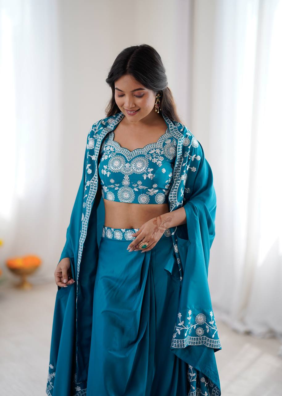 Teal Blue Crepe Dhoti Set with Shrug