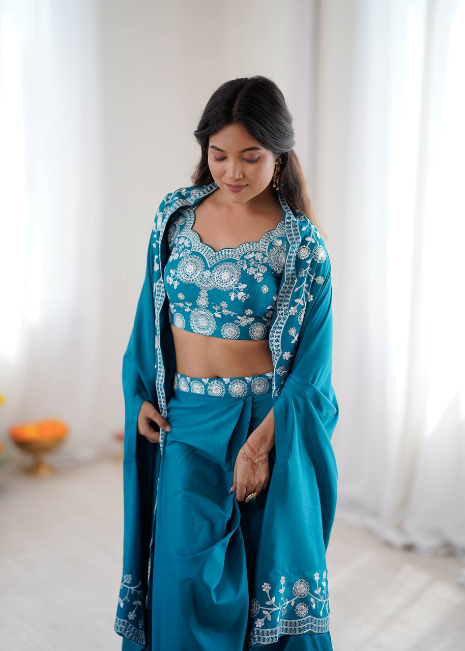 Teal Blue Crepe Dhoti Set with Shrug, view 3