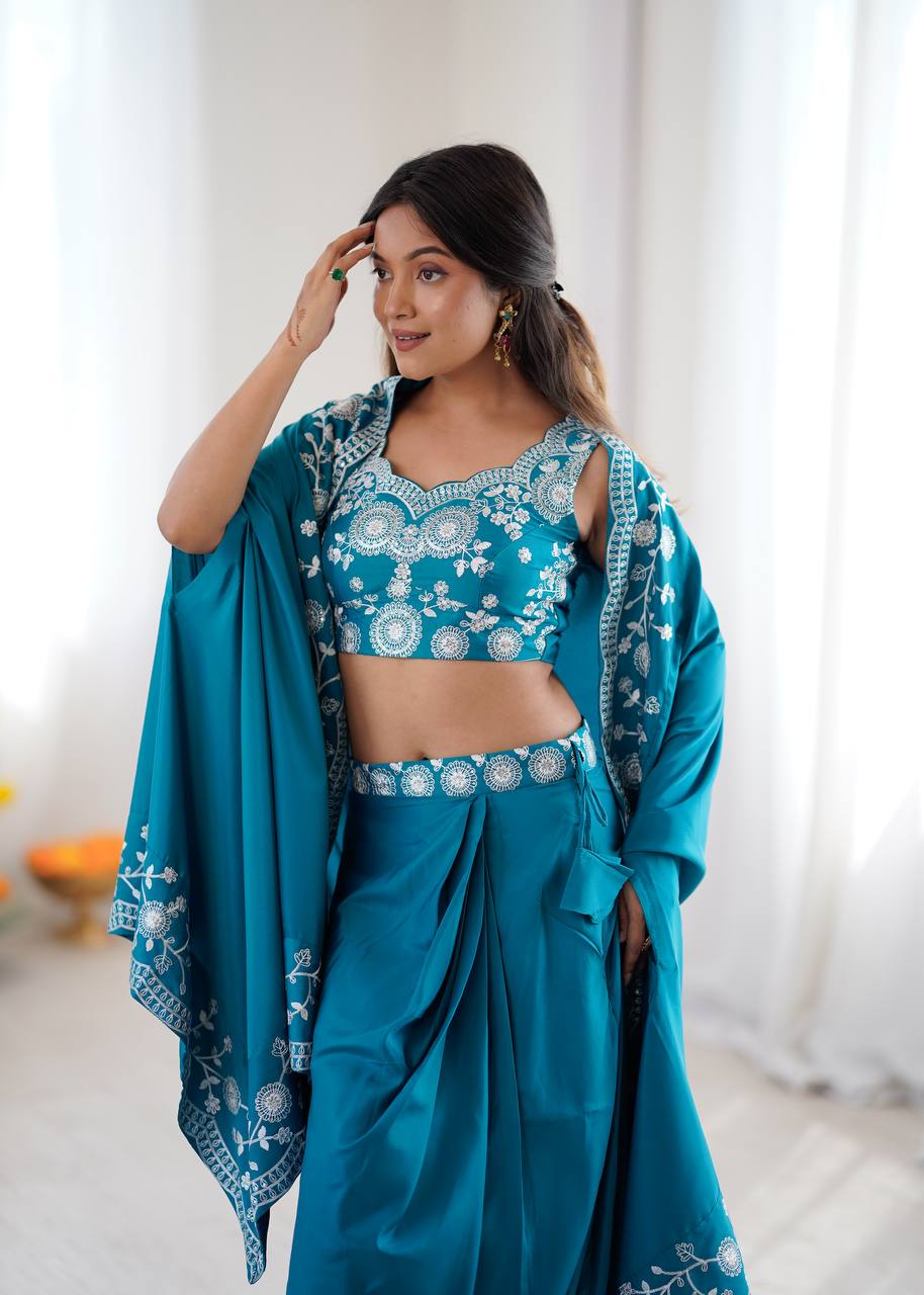 Teal Blue Crepe Dhoti Set with Shrug, view 4