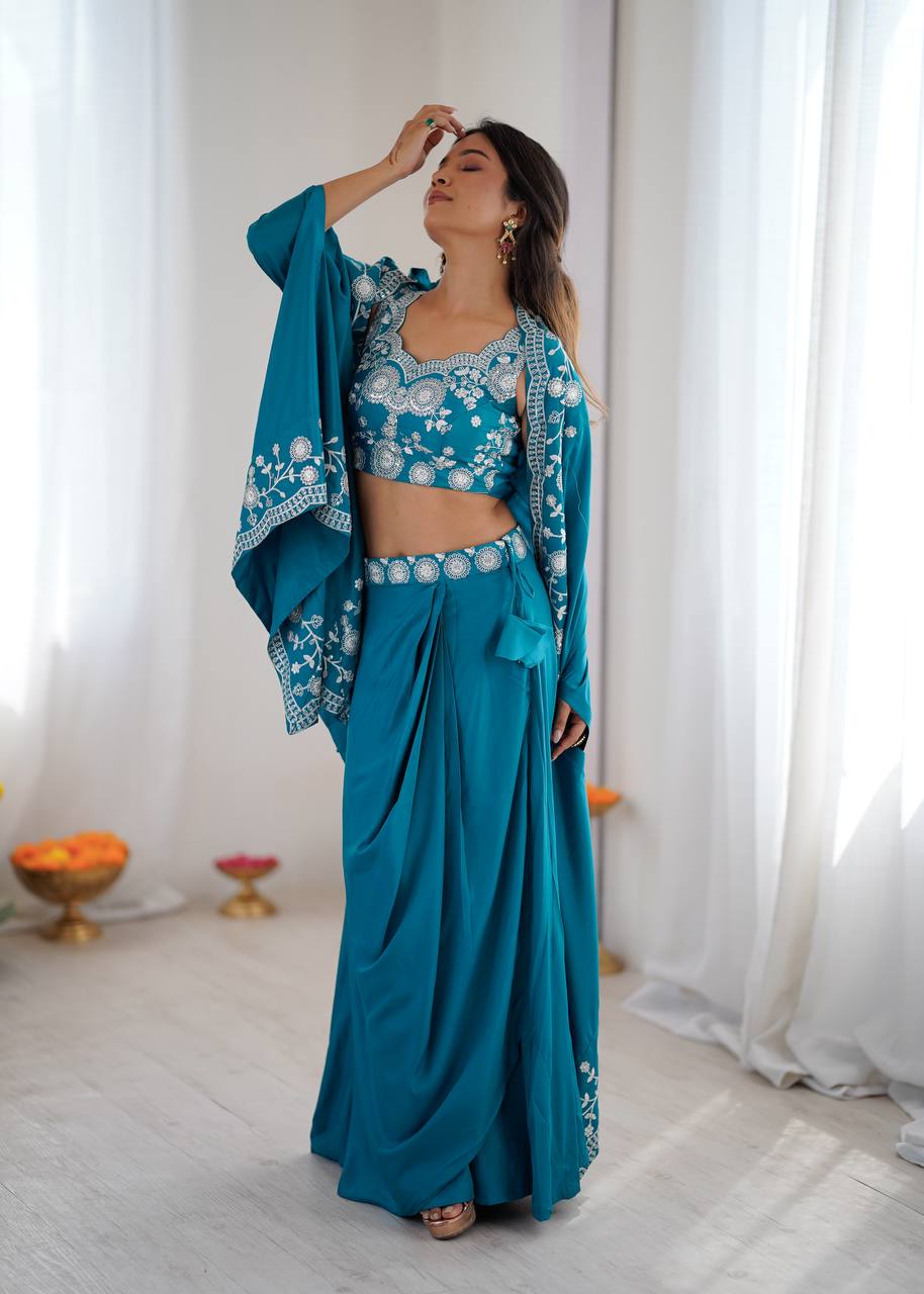 Teal Blue Crepe Dhoti Set with Shrug, view 5