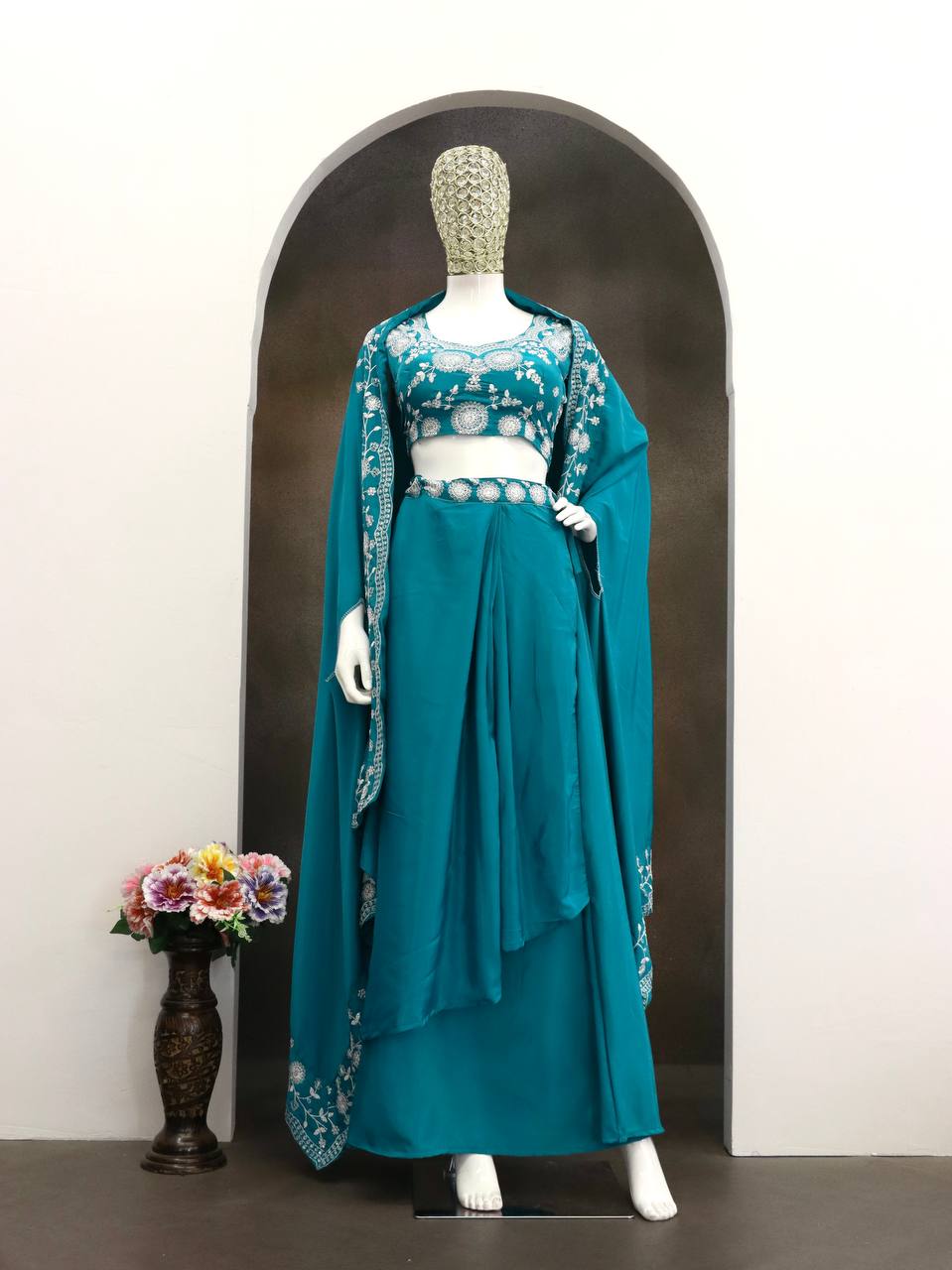 Teal Blue Crepe Dhoti Set with Shrug, view 6