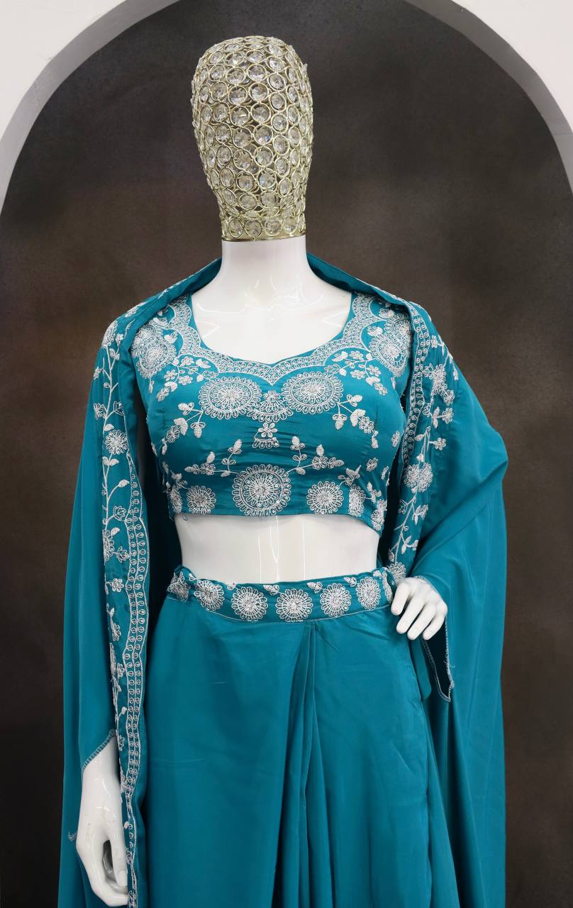 Teal Blue Crepe Dhoti Set with Shrug, view 7