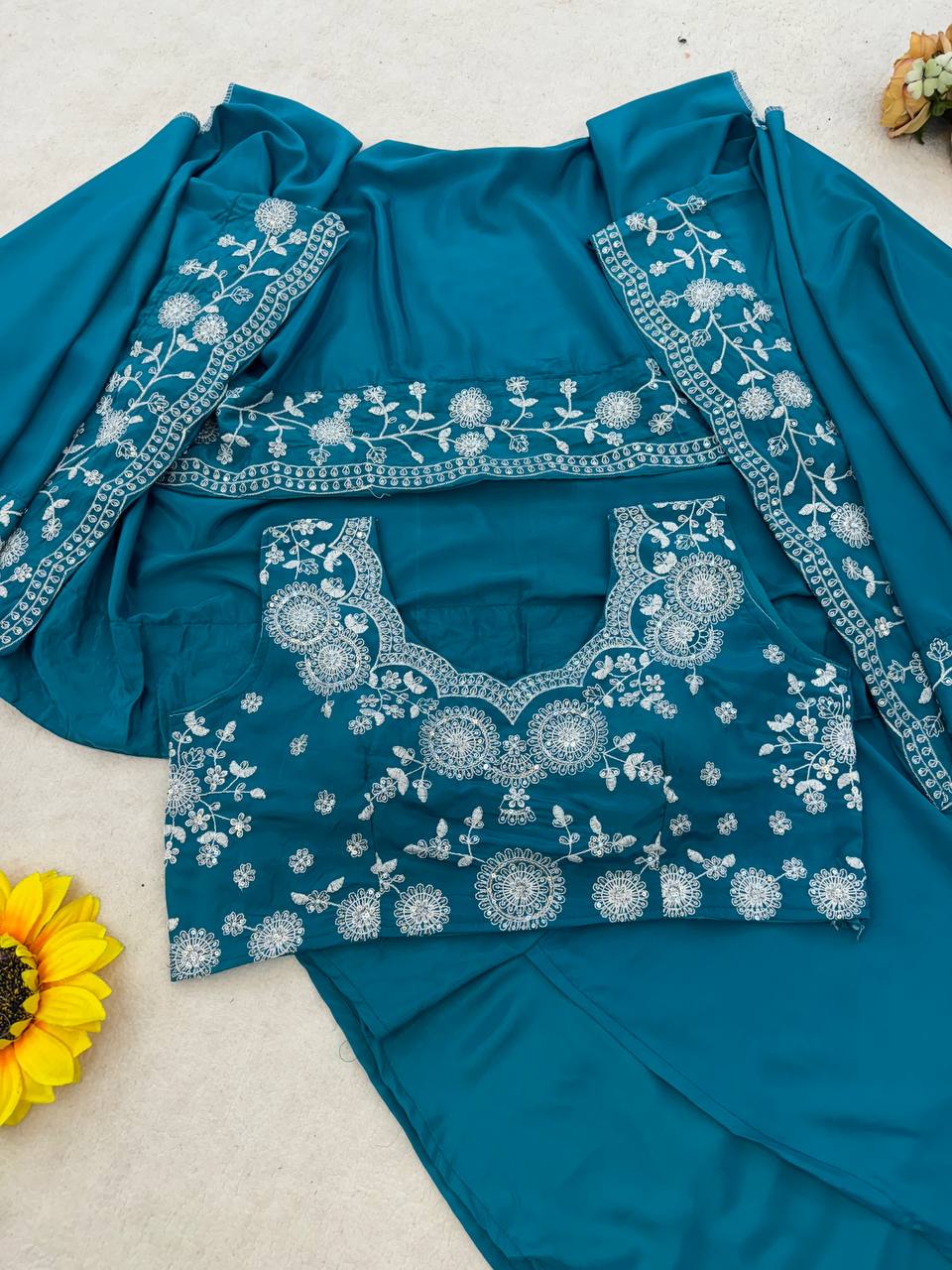 Teal Blue Crepe Dhoti Set with Shrug, view 8