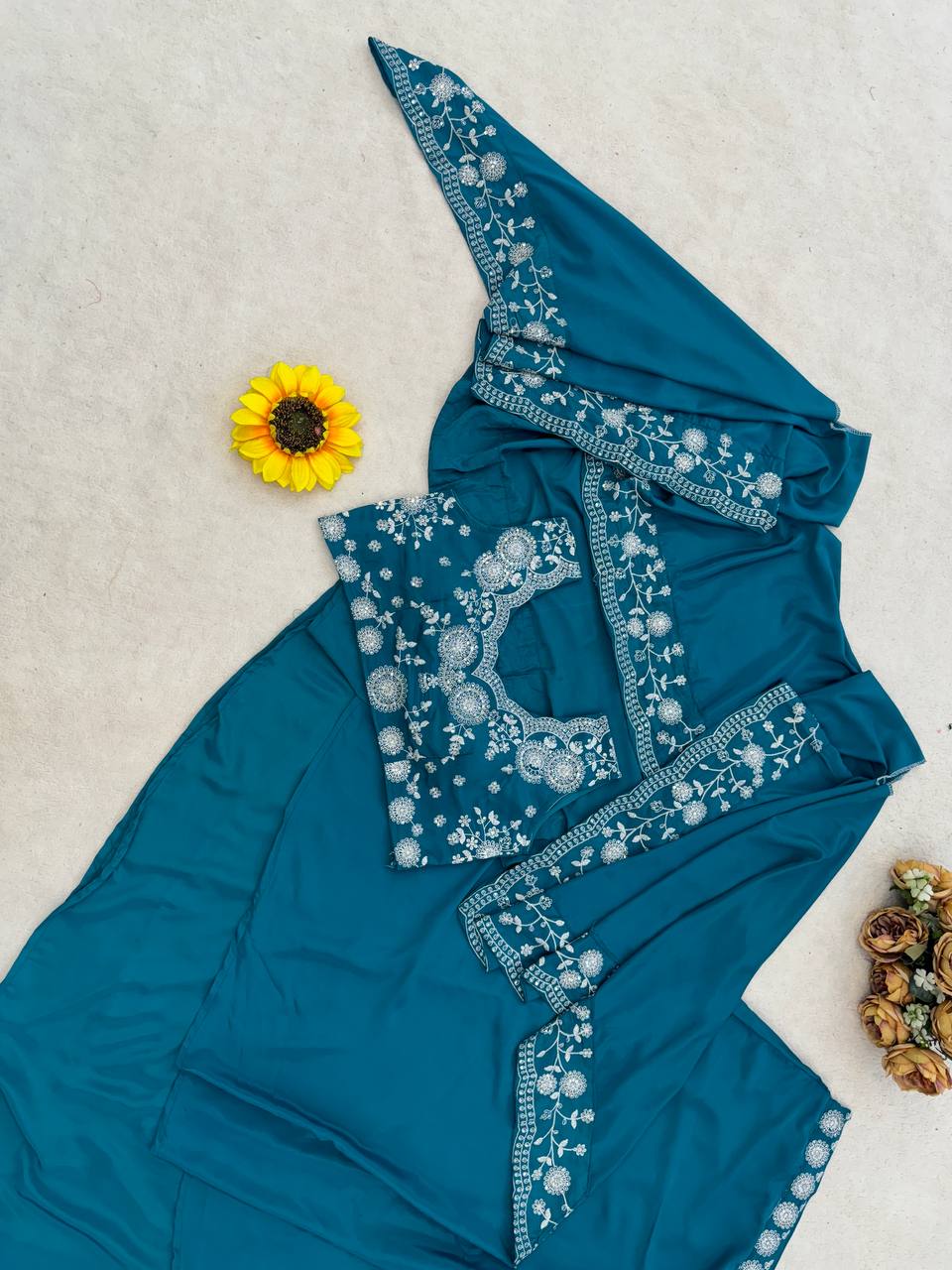 Teal Blue Crepe Dhoti Set with Shrug, view 9
