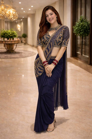 Navy Blue Rangoli Silk Dhoti Saree