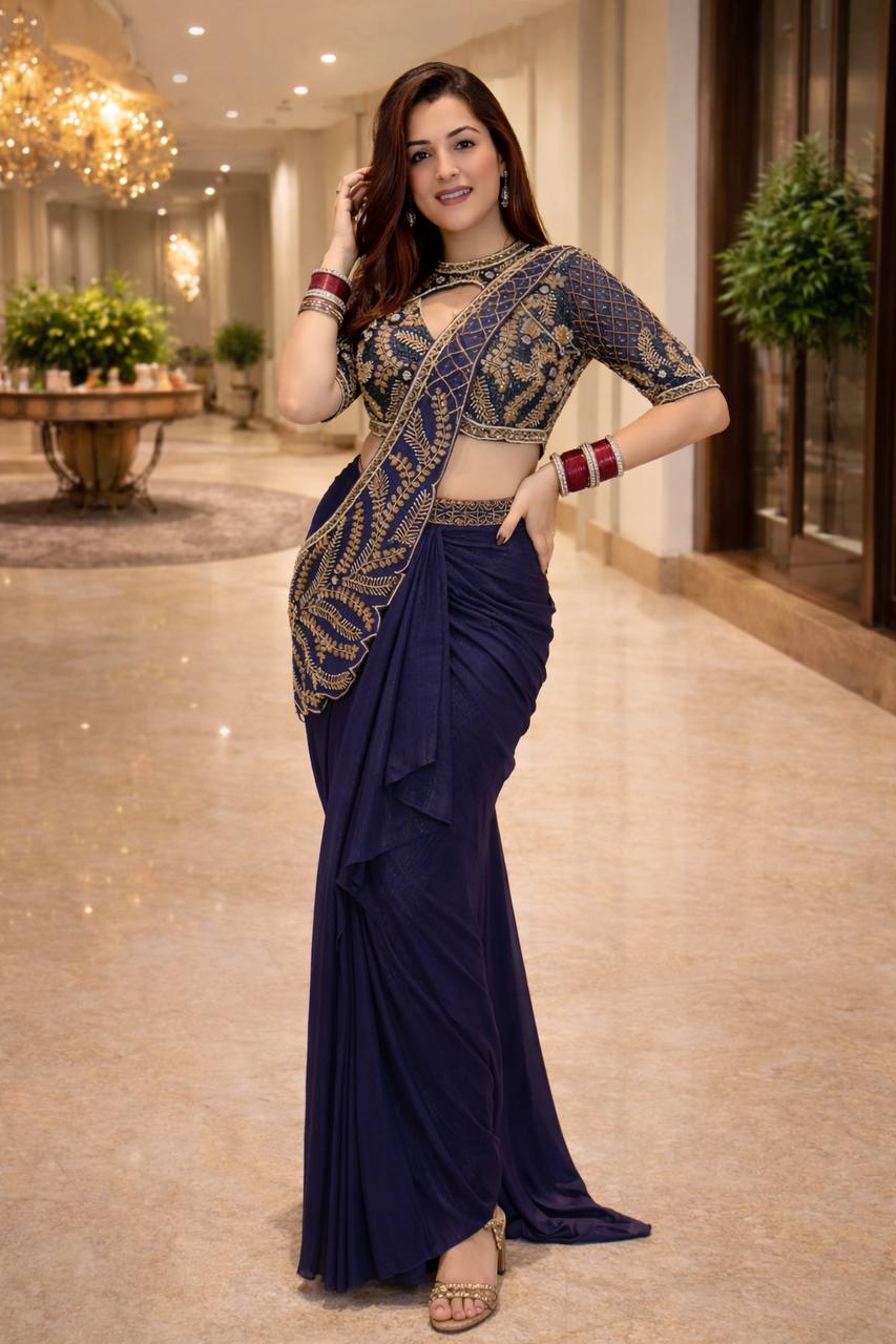 Navy Blue Rangoli Silk Dhoti Saree, view 2