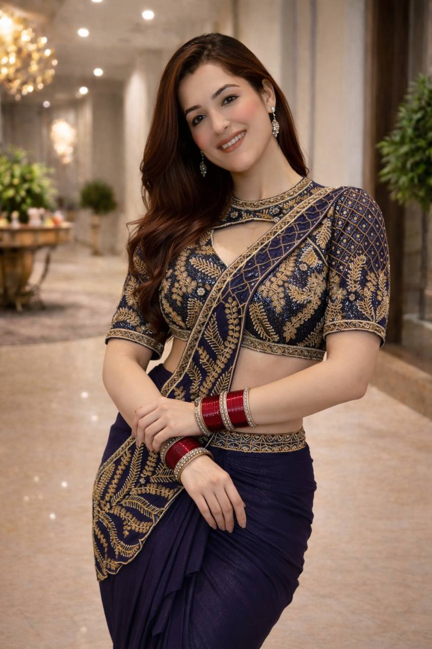Navy Blue Rangoli Silk Dhoti Saree, view 3