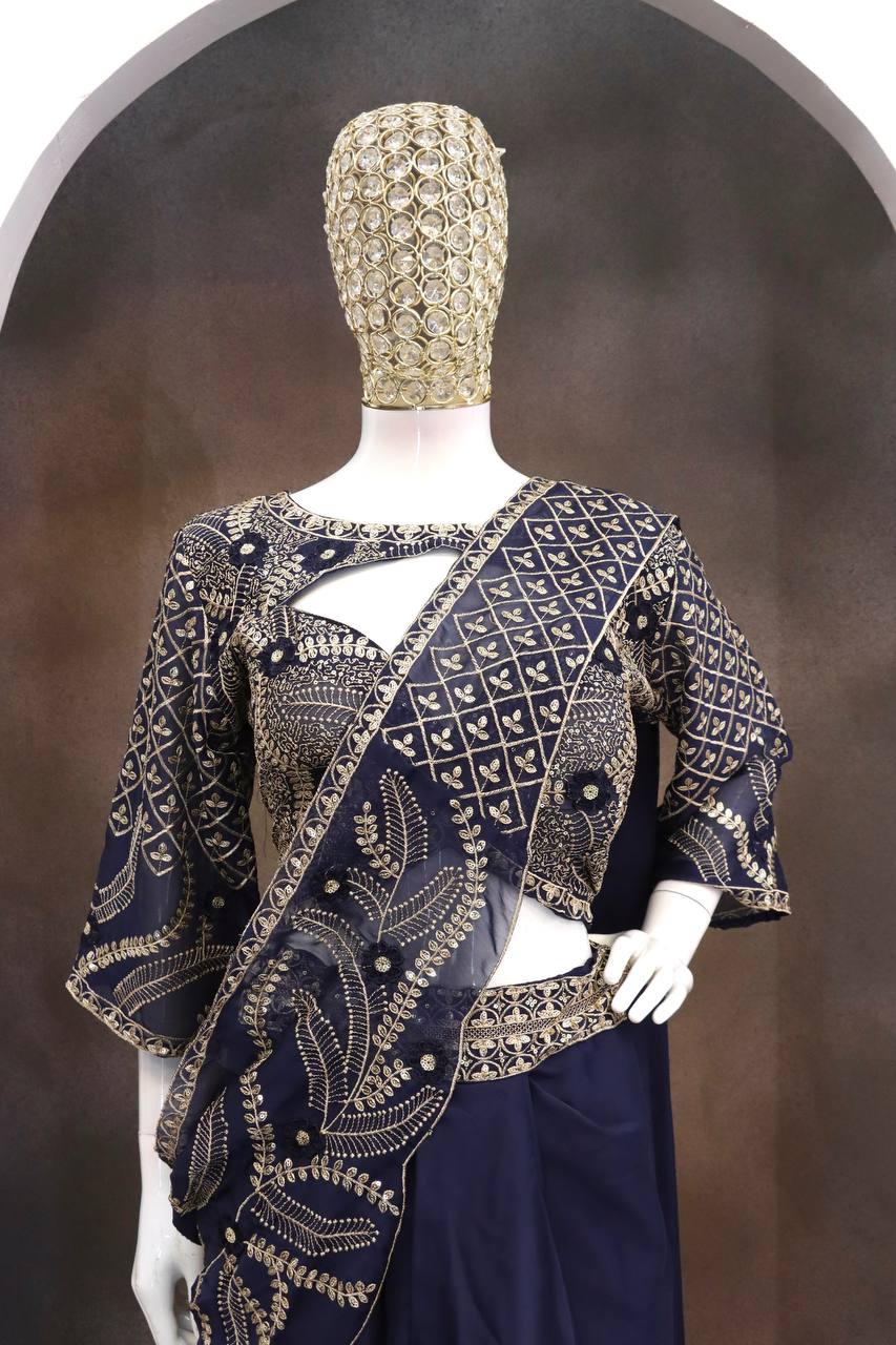 Navy Blue Rangoli Silk Dhoti Saree, view 5