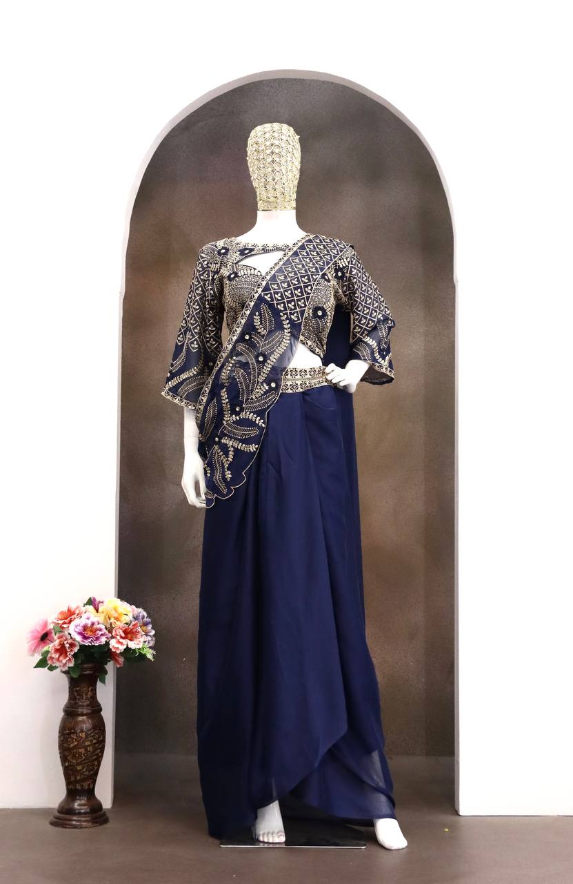 Navy Blue Rangoli Silk Dhoti Saree, view 6
