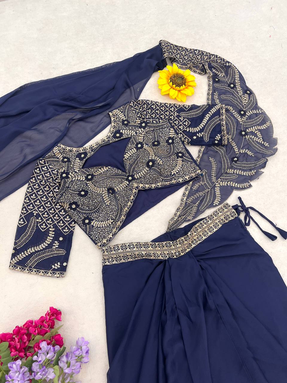 Navy Blue Rangoli Silk Dhoti Saree, view 7