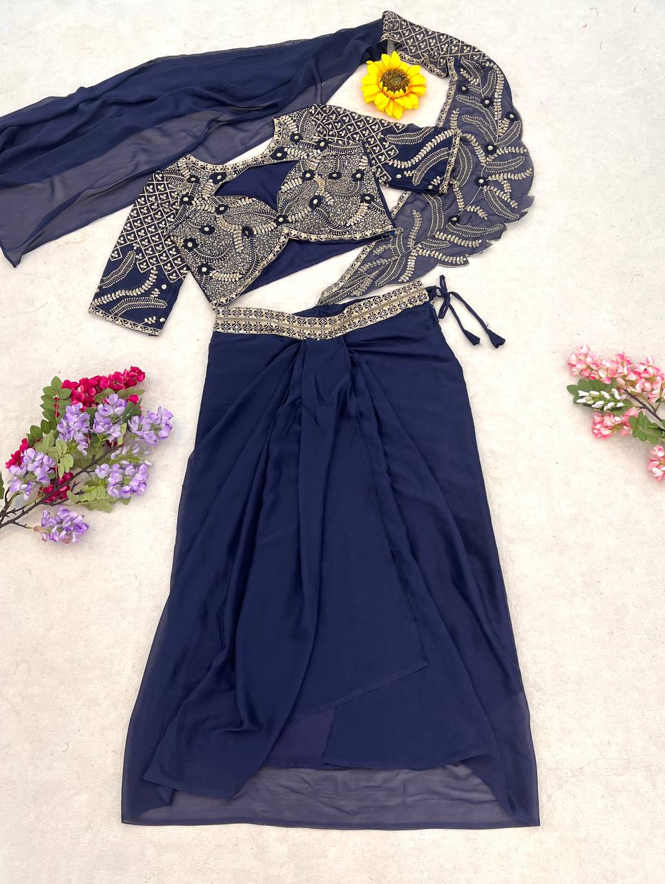 Navy Blue Rangoli Silk Dhoti Saree, view 8