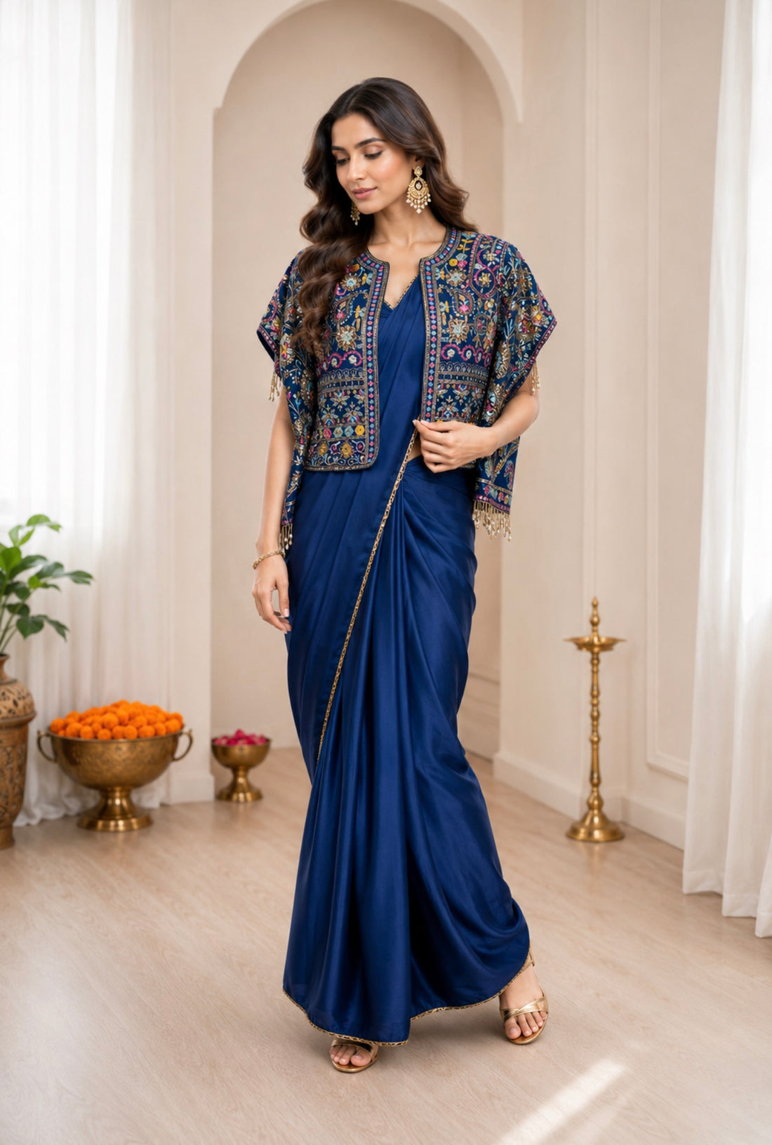 Navy Blue Crepe Saree with Koti