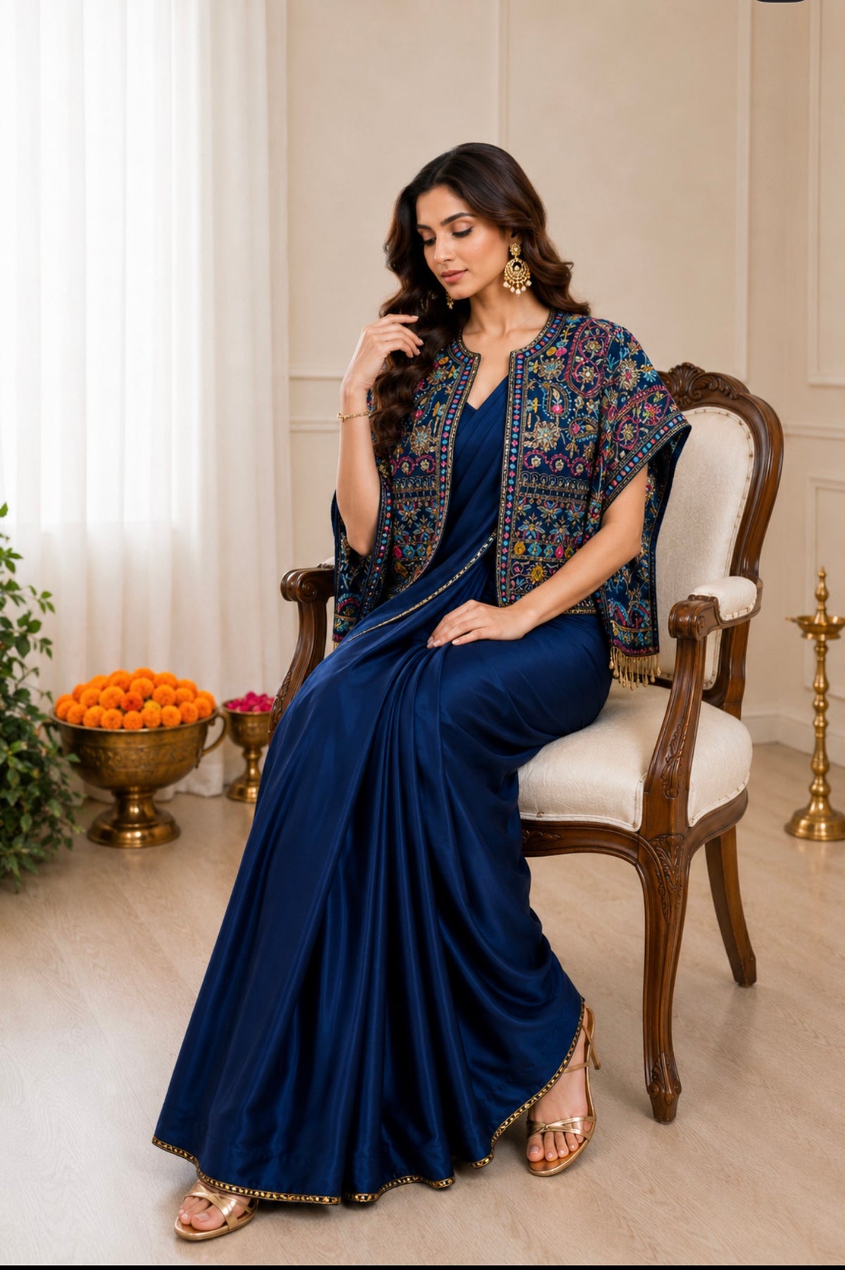 Navy Blue Crepe Saree with Koti, view 2