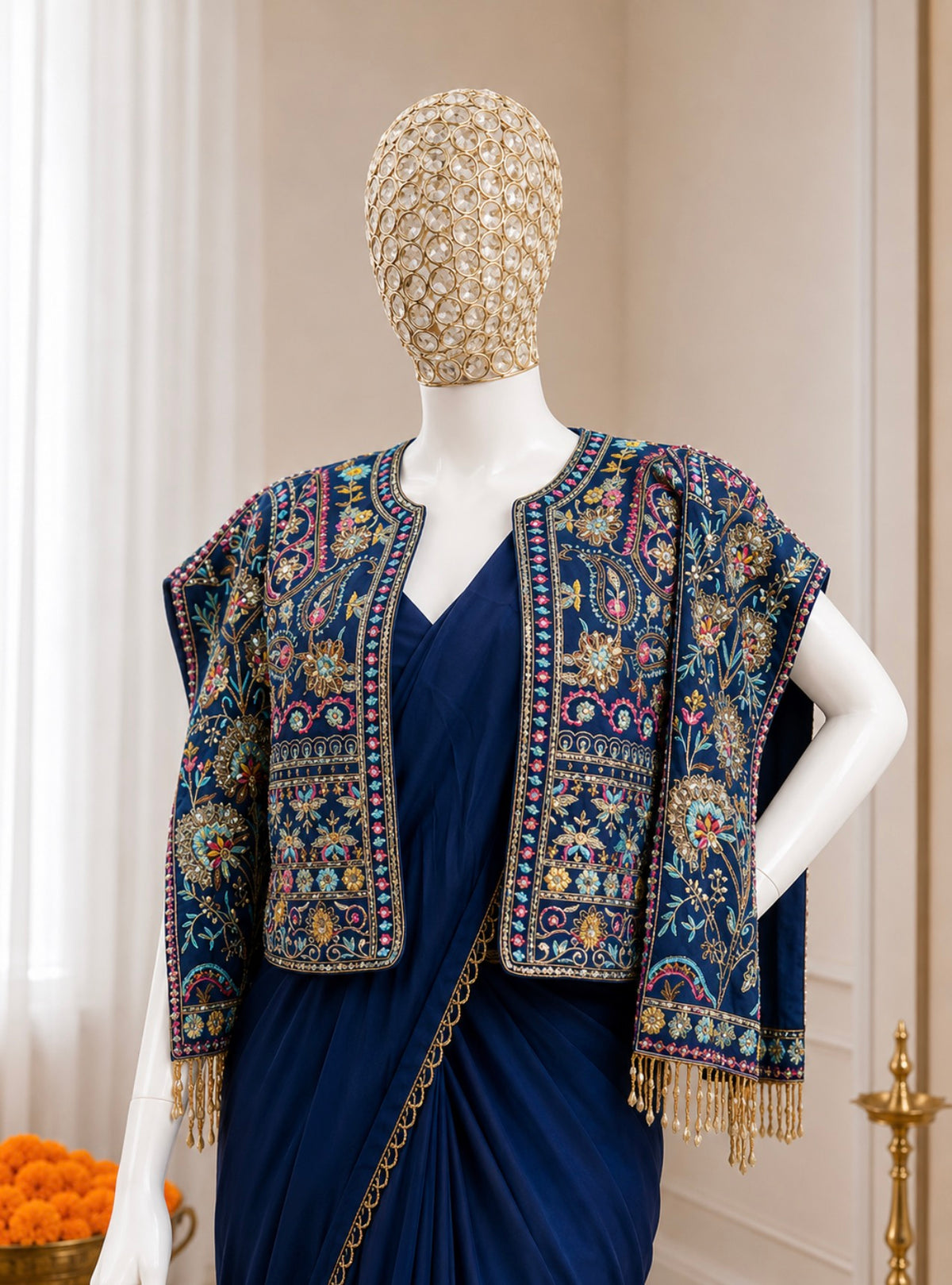 Navy Blue Crepe Saree with Koti, view 3