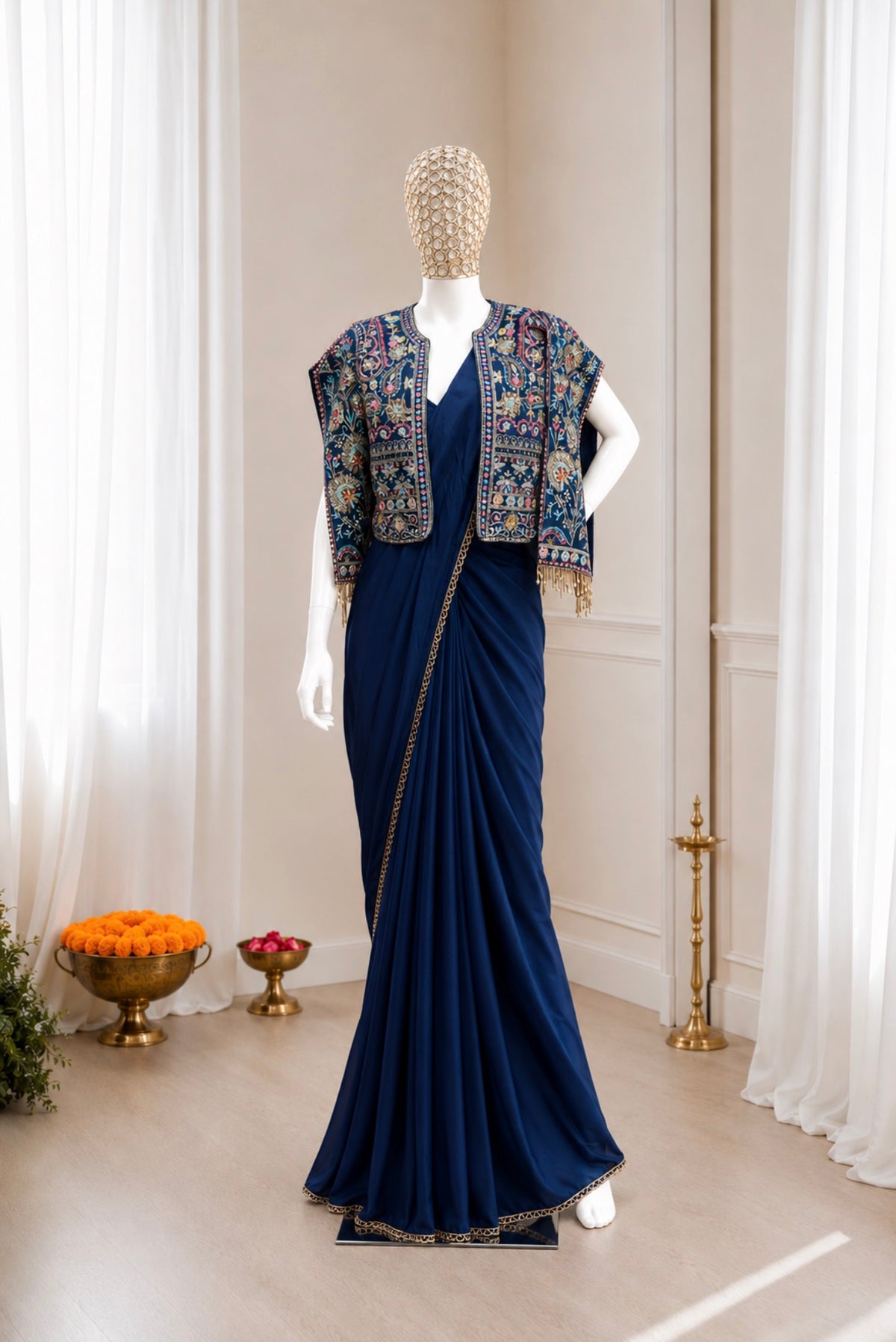 Navy Blue Crepe Saree with Koti, view 4