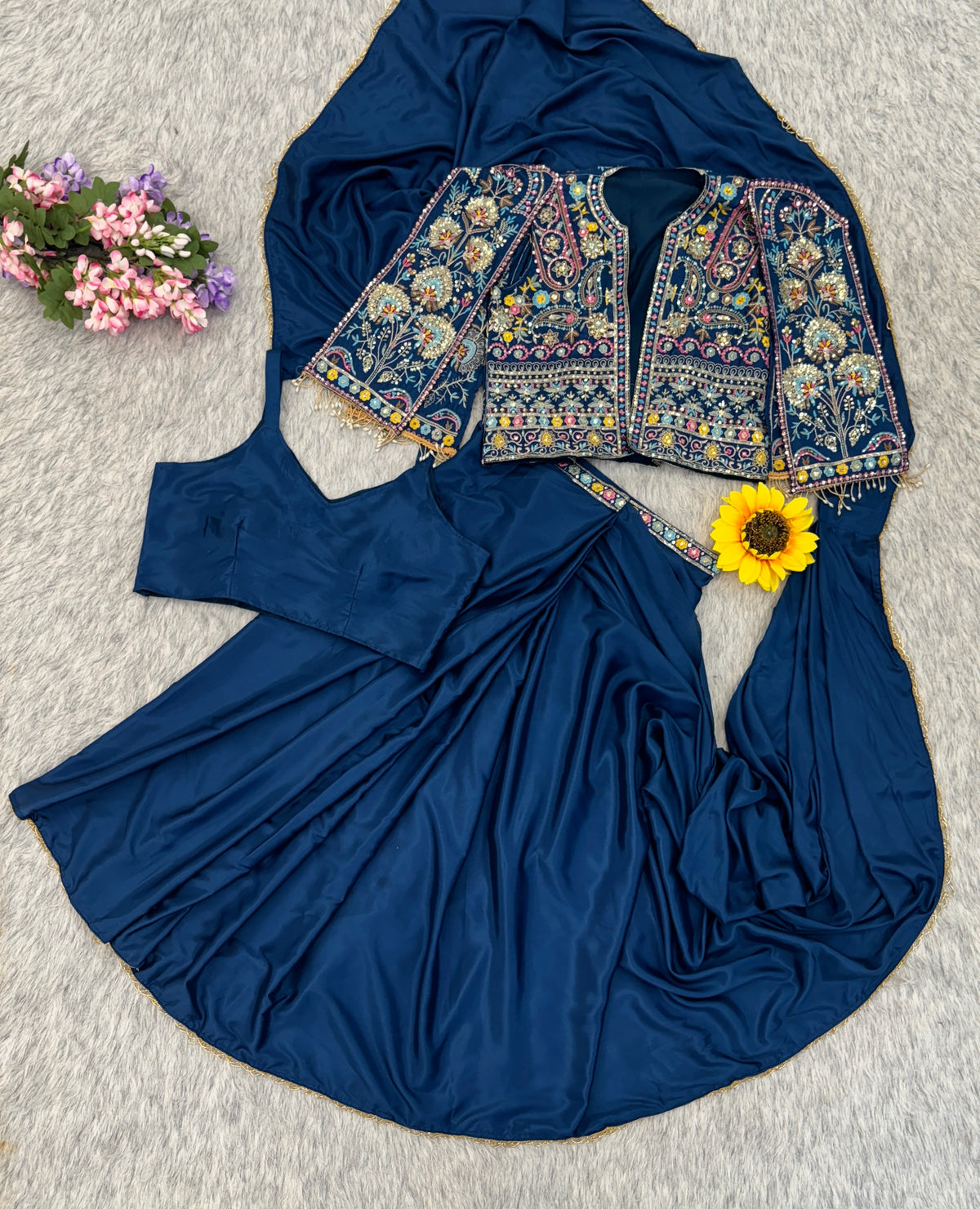 Navy Blue Crepe Saree with Koti, view 6