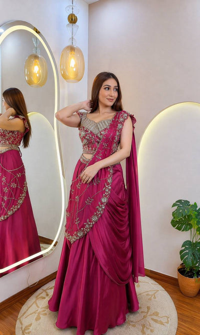 Rani Pink Crepe Lehenga Saree